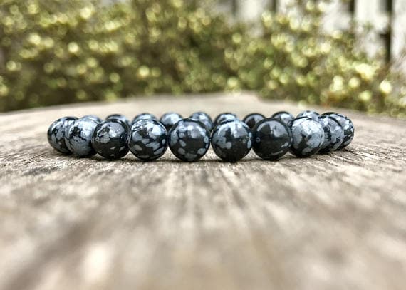 Bridesmaid Jewelry 8mm Stretchable Multi Snowflake Obsidian Bracelet Round, Smooth 7" for mens, womens, gf, bf & Adult.