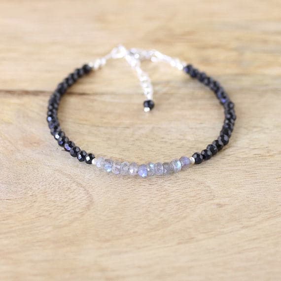 925 sterling Silver memorial gift Silver HELLING 3.5mm stacking Black & Gray Labradorite & Black Spinel  Bracelet Round & Rondelle, Faceted 7" for mens, womens, gf, bf & Adult.