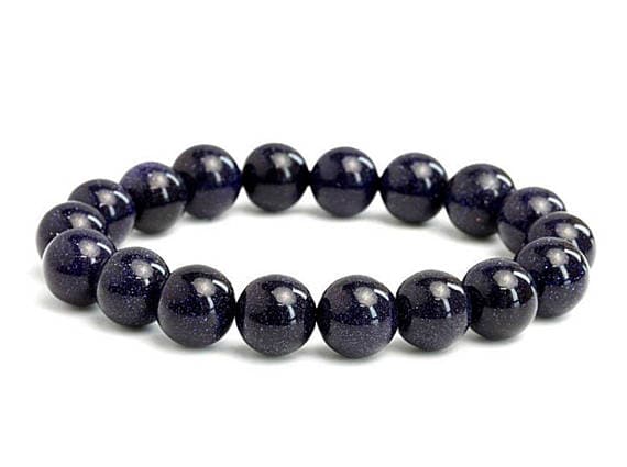Personalized Gift 10mm Blue Blue Gold stone Stretchable Bracelet Round, Smooth 18cm for mens, womens, gf, bf and adults.