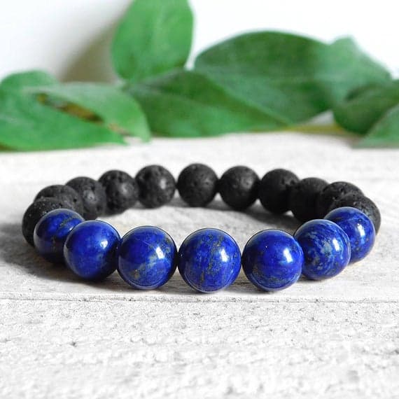 Positive Energy 10mm Stretchable black & Blue Lapis Lazuli and Lava Rock Bracelet Round, Smooth 7.5" for mens, womens, gf, bf & Adult.