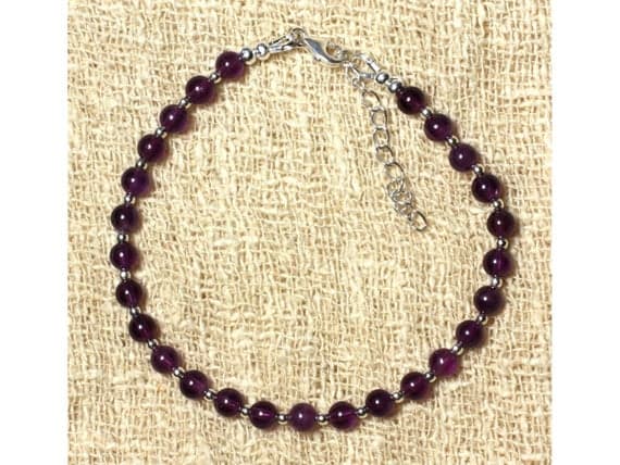 925 sterling Silver Dainty Slave Loose Silver Helling 4mm Stracking Purple Amethyst Bracelet Round, Smooth 7.5" for mens, womens, gf, bf & Adult.