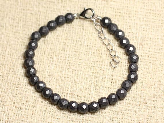 925 sterling Silver Rock Gift Silver Helling 6mm Stracking Black Hematite Bracelet Round, Faceted 7" for mens, womens, gf, bf & Adult.
