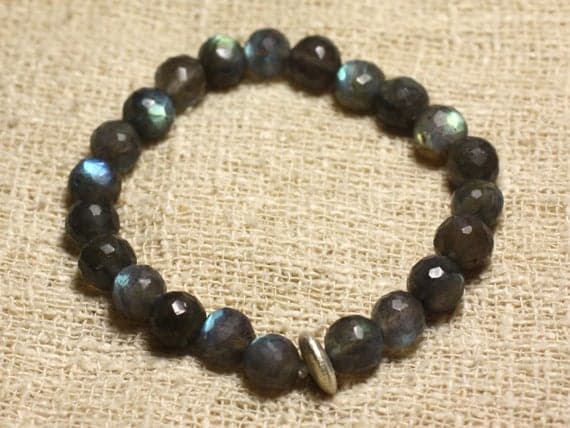 Anxiety Gemstone Silver Helling 8-9mm Stretchable Gray Labradorite Bracelet Round, Faceted 7" for mens, womens, gf, bf & Adult.