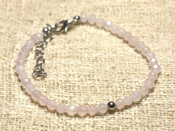 925 sterling Silver Galaxy Jewelry Silver Helling 4mm Stracking Pink Rose Quartz Bracelet Round, Faceted 7" for mens, womens, gf, bf & Adult.