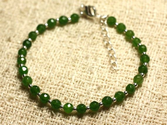 925 sterling Silver Super sale Silver Helling 4mm stacking Green Green Jade Bracelet Round, Faceted 7" for mens, womens, gf, bf & Adult.