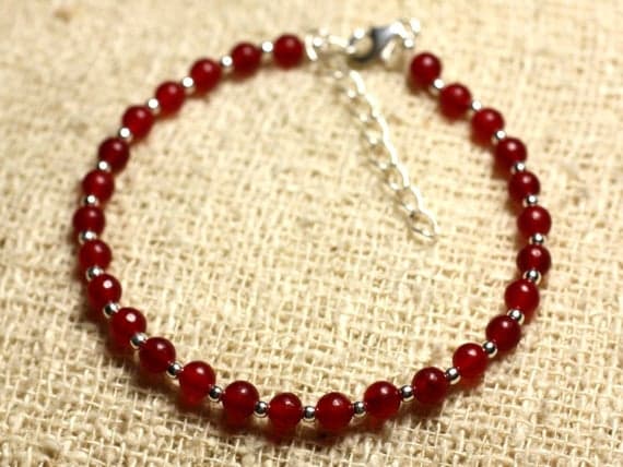 925 sterling Silver Bridesmaid Jewelry Silver Helling 4mm stacking Red Jade Bracelet Round, Smooth 7" for mens, womens, gf, bf & Adult.