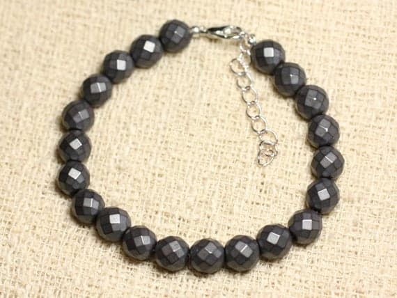 925 sterling Silver Natural Silver Helling 8mm stacking Black Hematite Bracelet Round, Faceted 7" for mens, womens, gf, bf & Adult.