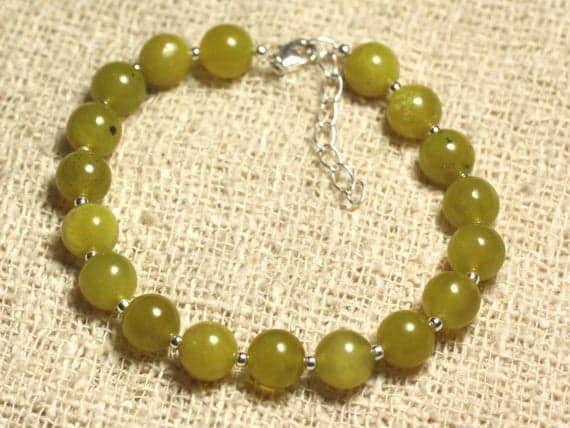 925 sterling Silver chakras simple Silver Helling 8mm Stracking Yellow Olive Jade Bracelet Round, Smooth 7" for mens, womens, gf, bf & Adult.