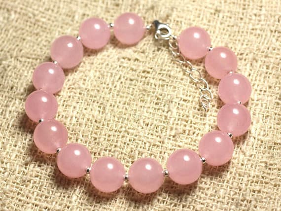 925 sterling Silver Anxiety Relief Calming Silver Helling 10mm stacking Pink Pink Jade Bracelet Round, Smooth 7.5" for mens, womens, gf, bf & Adult.