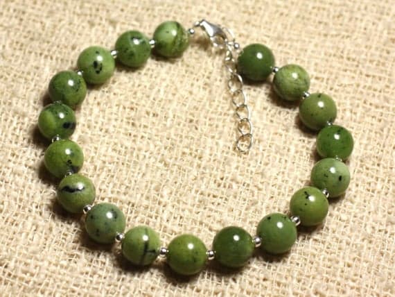 925 sterling Silver Artisan Loose Silver Helling 8mm Stracking Green Nephrite Jade Bracelet Round, Smooth 7" for mens, womens, gf, bf & Adult.