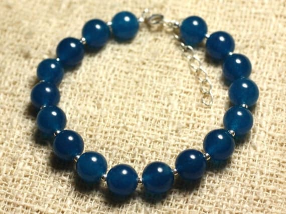 925 sterling Silver memorial gift Silver Helling 8mm Stracking Blue Blue Jade Bracelet Round, Smooth 7.5" for mens, womens, gf, bf & Adult.