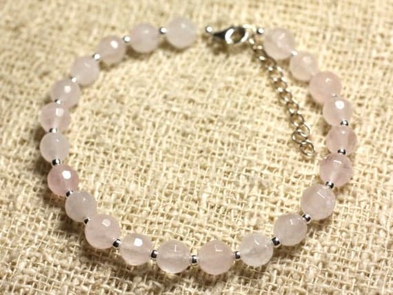 925 sterling Silver Rock Gift Silver Helling 6mm Stracking Pink Rose Quartz Bracelet Round, Faceted 7" for mens, womens, gf, bf & Adult.