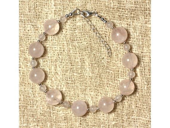 925 sterling Silver Anxiety Relief Calming Silver Helling 4-10mm Stracking Pink Rose Quartz Bracelet Round, Smooth 7.5" for mens, womens, gf, bf & Adult.