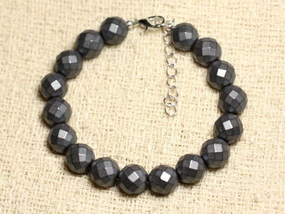 925 sterling Silver Blush Jewelry  10mm Stracking Black Hematite Bracelet Round, faceted 7.5" for mens, womens, gf, bf & Adult.