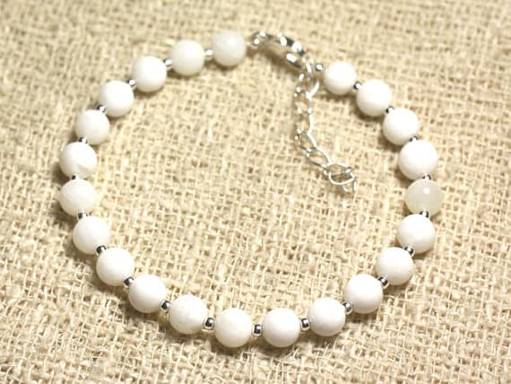 925 sterling Silver Anxiety Gemstone Silver Helling 6mm Stracking White Pearl Bracelet Round, Smooth 7" for mens, womens, gf, bf & Adult.