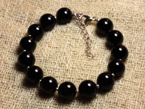 925 sterling Silver love beach youth Silver Helling 10mm Stracking Black black Onyx Bracelet Round, Smooth 7.5" for mens, womens, gf, bf & Adult.