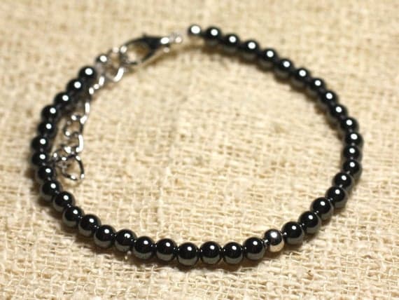 925 sterling Silver Dainty Slave Loose Silver Helling 4mm stacking Black Hematite Bracelet Round, Smooth 7" for mens, womens, gf, bf & Adult.