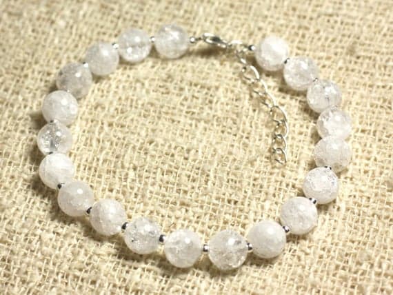 925 sterling Silver Blush Jewelry Silver Helling 6mm stacking White clear Crackle Quartz Bracelet Round, Smooth 7" for mens, womens, gf, bf & Adult.