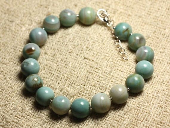925 sterling Silver memorial gift Silver Helling 10mm Stracking Blue Agate Turquoise Bracelet Round, Smooth 7.5" for mens, womens, gf, bf & Adult.