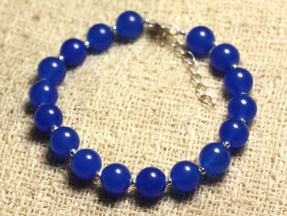 925 sterling Silver Jewelry Energy   8mm stacking Blue Jade Bracelet Round, Smooth 7" for mens, womens, gf, bf & Adult.