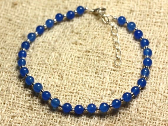 925 sterling Silver Artisan Loose Silver Helling 4mm Stracking Blue Jade blue Bracelet Round, Smooth 7" for mens, womens, gf, bf & Adult.