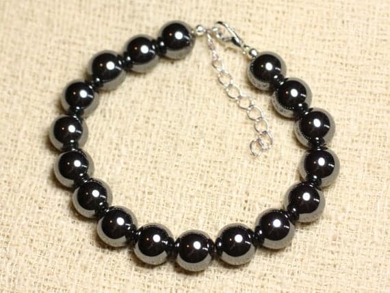 925 sterling Silver love beach youth Silver Helling 8mm Stracking Black Hematite Bracelet Round, Smooth 7" for mens, womens, gf, bf & Adult.