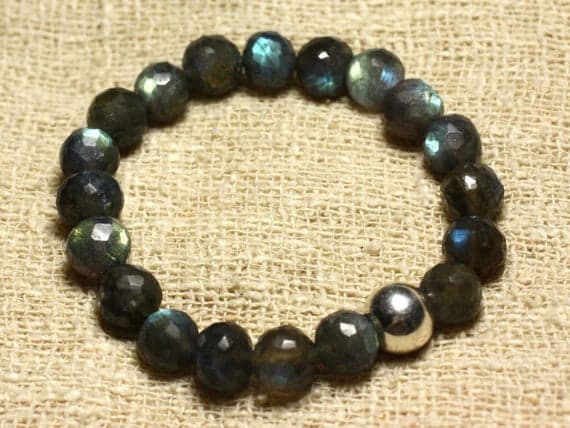 925 sterling Silver Rock Gift Silver Helling 9-10mm Stracking Gray Labradorite Bracelet Round, Faceted 7.5" for mens, womens, gf, bf & Adult.