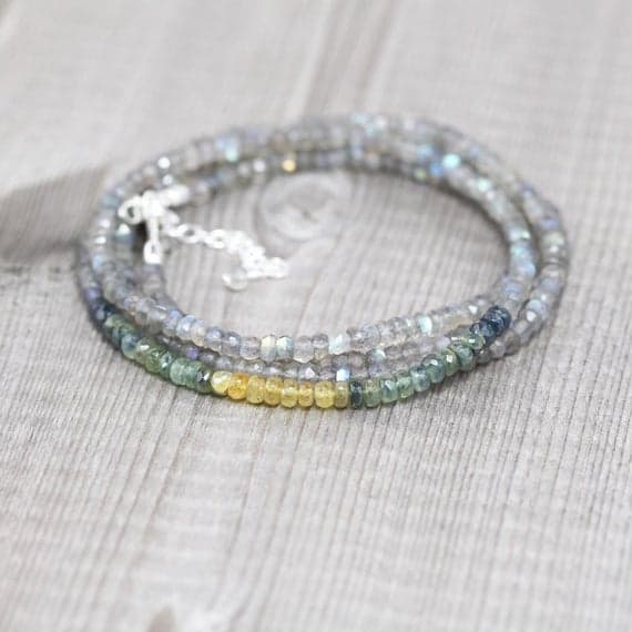 925 sterling Silver love beach youth 3.5-4mm stacking Multi Ombre Blue, Green, Yellow Sapphire & Labradorite Necklace Rondelle, Faceted 16" for mens, womens, gf, bf & Adult.