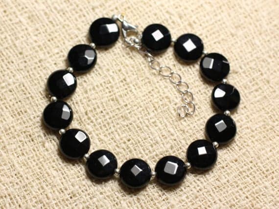 925 sterling Silver Personalized Gift Silver Helling 10mm Stracking Black Onyx Bracelet Coin, Faceted 7" for mens, womens, gf, bf & Adult.