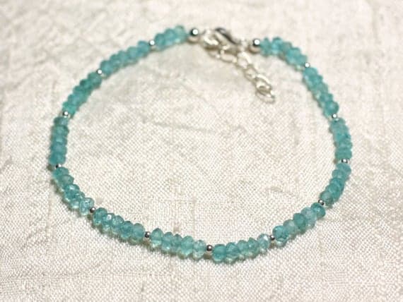 925 sterling Silver Anniversary Gift Silver Helling 3mm stacking Blue Apatite Bracelet Rondelle, Faceted 7" for mens, womens, gf, bf & Adult.