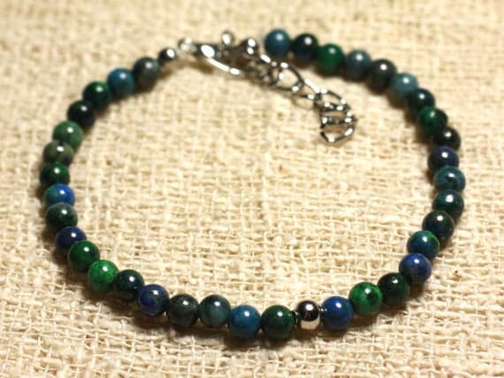 925 sterling Silver Dainty Slave Loose Silver Helling 4mm stacking Multi Chrysocolla Bracelet Round, Smooth 7" for mens, womens, gf, bf & Adult.