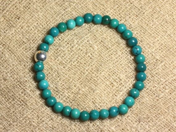 Natural Silver Helling 6mm Stretchable Green Turquoise Bracelet Round, Smooth 7" for mens, womens, gf, bf & Adult.