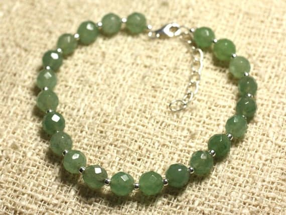 925 sterling Silver Empath Protection Silver Helling 6mm stacking Green Aventurine Bracelet Round, Faceted 7" for mens, womens, gf, bf & Adult.