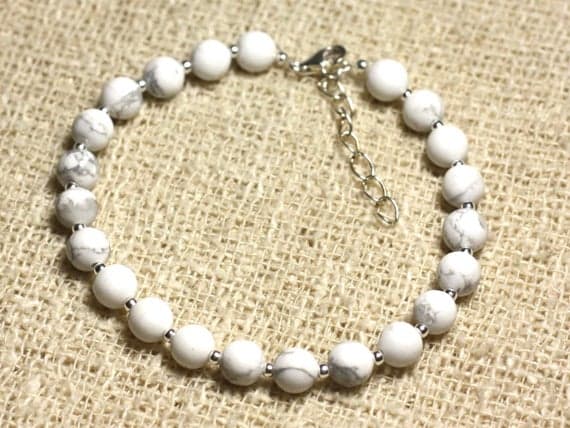 925 sterling Silver Unique Wedding Gift Silver Helling 6mm Stracking White Howlite Bracelet Round, Smooth 7" for mens, womens, gf, bf & Adult.