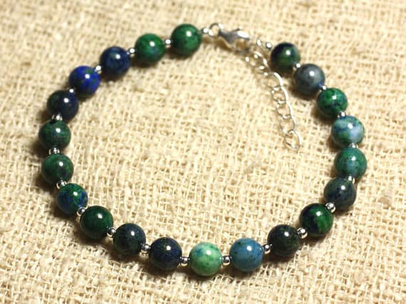 925 sterling Silver Grounding Silver Helling  6mm stacking Green Chrysocolla Bracelet Round, Smooth 7" for mens, womens, gf, bf & Adult.