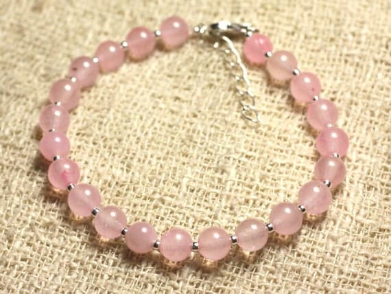 925 sterling Silver Rock Gift 6mm Stracking Pink Jade Bracelet Round, Smooth 7" for mens, womens, gf, bf & Adult.