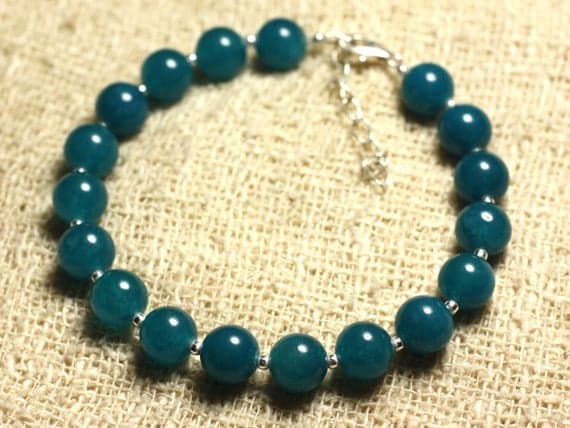 925 sterling Silver Anniversary Gift Silver Helling 8mm stacking Green Green Jade Bracelet Round, Smooth 7" for mens, womens, gf, bf & Adult.