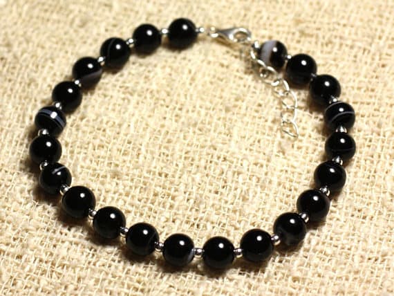 925 sterling Silver Anxiety Relief Calming Silver Helling 6mm Stracking Black black Agate Bracelet Round, Smooth 7" for mens, womens, gf, bf & Adult.