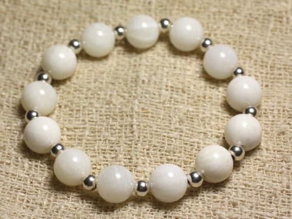 925 sterling Silver Positive Energy Silver helling 10mm Stracking White White Pearl  Bracelet Round, Smooth 7.5" for mens, womens, gf, bf & Adult.
