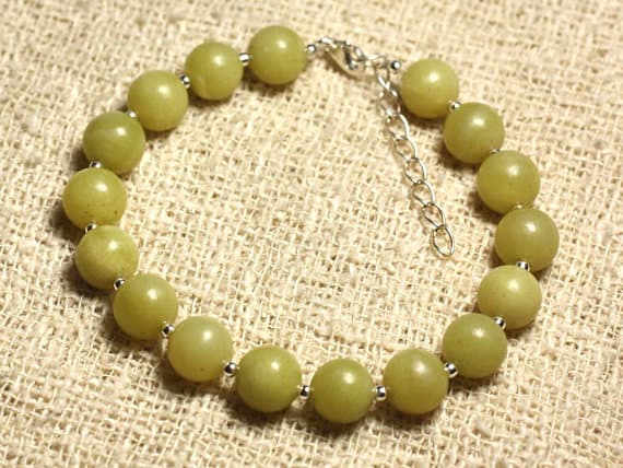 925 sterling Silver good luck gift Silver Helling 8mm Stracking Yellow lemon Jade  Bracelet Round, Smooth 7" for mens, womens, gf, bf & Adult.