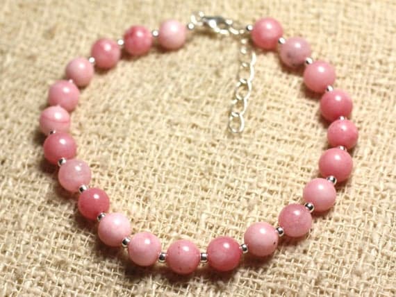 925 sterling Silver Personalized Gift Silver Helling 6mm stacking Pink Pink Jade  Bracelet Round, Smooth 7" for mens, womens, gf, bf & Adult.