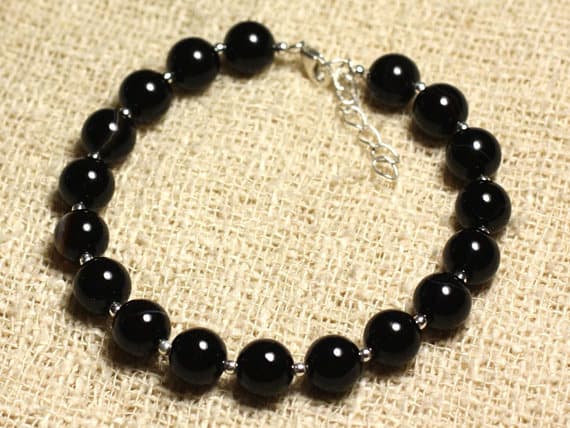 925 sterling Silver Anxiety Gemstone Silver Helling 8mm stacking Black Agate Bracelet Round, Smooth 7" for mens, womens, gf, bf & Adult.
