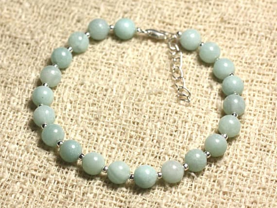 925 sterling Silver Rock Gift Silver Helling 6mm Stracking Blue Amazonite Bracelet Round, Smooth 7" for mens, womens, gf, bf & Adult.