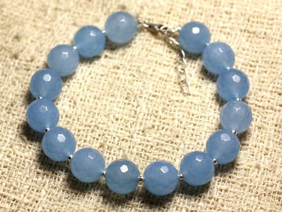925 sterling Silver Wholesale Silver helling 10mm Stracking Blue blue Jade Bracelet Round, Faceted 7.5" for mens, womens, gf, bf & Adult.