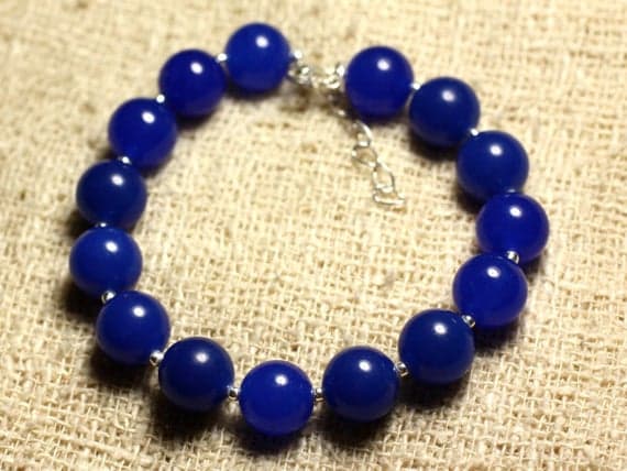 925 sterling Silver Super sale Silver Helling 10mm Stracking Blue Jade Blue Bracelet Round, Smooth 7.5" for mens, womens, gf, bf & Adult.