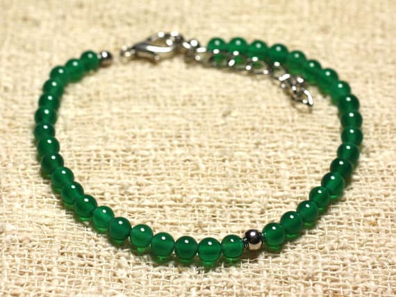 925 sterling Silver Natural Silver Helling 4mm Stracking Green Green Onyx  Bracelet Round, Smooth 7" for mens, womens, gf, bf & Adult.