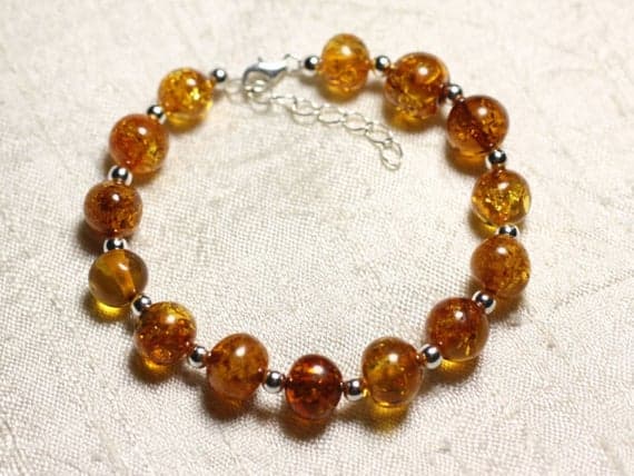 925 sterling Silver Unique Wedding Gift Silver Helling 10-12mm Stracking Yellow natural amber Bracelet Round, Smooth 7.5" for mens, womens, gf, bf & Adult.