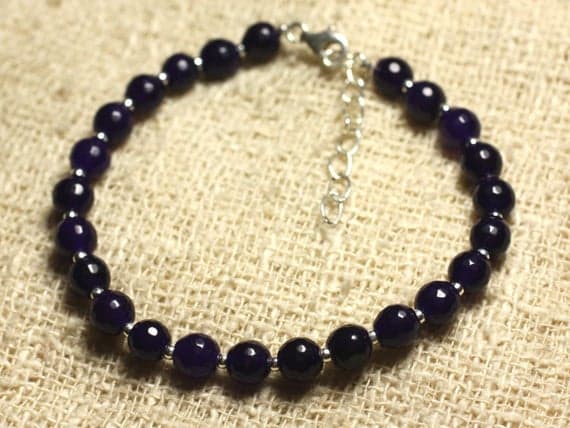 925 sterling Silver memorial gift Silver Helling 6mm Stracking Purple purple Jade  Bracelet Round, Faceted 7" for mens, womens, gf, bf & Adult.
