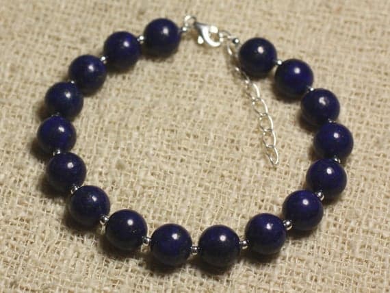 925 sterling Silver Rock Gift Silver Helling 8mm Stracking Blue Lapis Lazuli Bracelet Round, Smooth 7" for mens, womens, gf, bf & Adult.