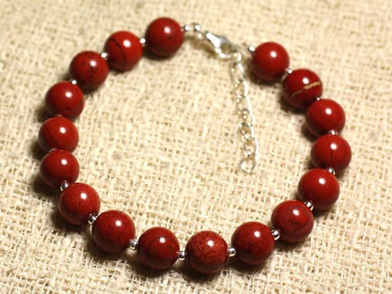 925 sterling Silver Anxiety Relief Calming Silver Helling 8mm Stracking Red Jasper Red  Bracelet Round, Smooth 7" for mens, womens, gf, bf & Adult.